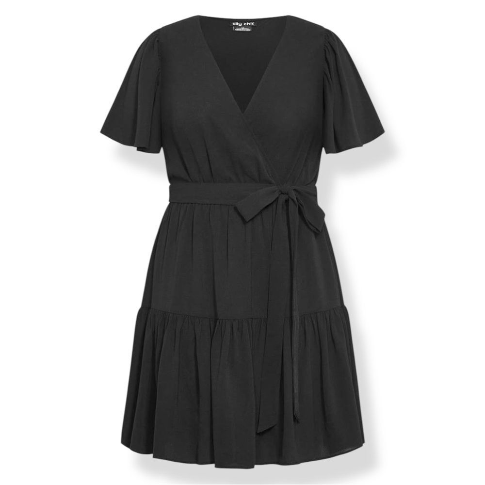 City Chic Catherine Faux Wrap Tiered Dress Tie Waist Flutter Sleeve Black 20 NEW - Picture 6 of 12